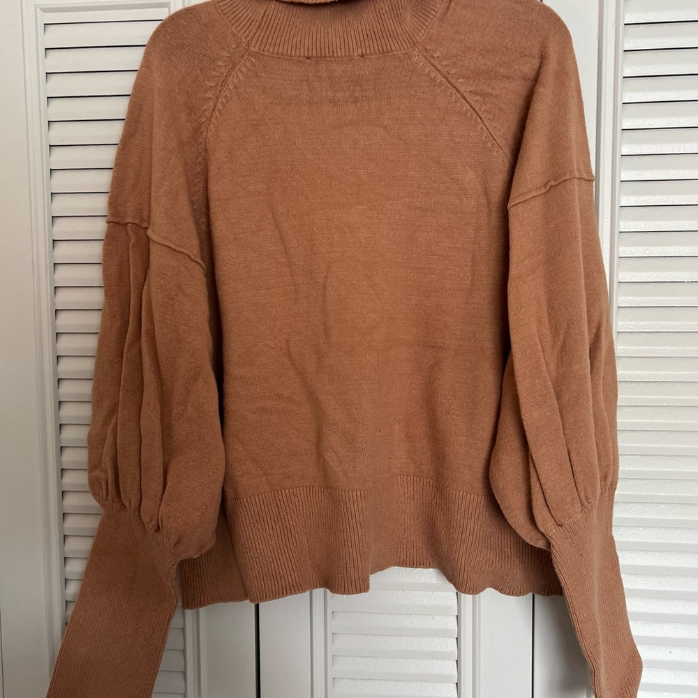 Eloquii Tan Cropped Cowl Neck Sweater with Puff Sleeves